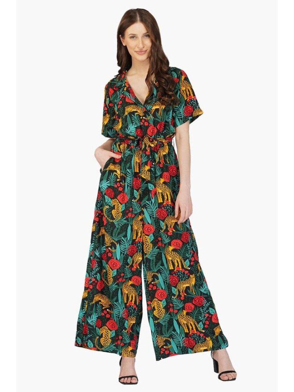 America & Beyond Jaguar Paradise Animal Print Jumpsuit Wide Leg Belted Size M